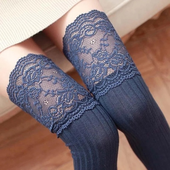 Accessories - 'All Laced Up' Blue Knee High Lace Ribbed Socks